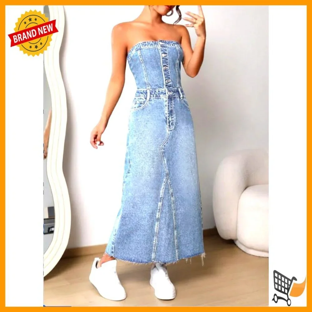 Strapless Denim Midi Dress, Slim Fit, Button Closure, Backless